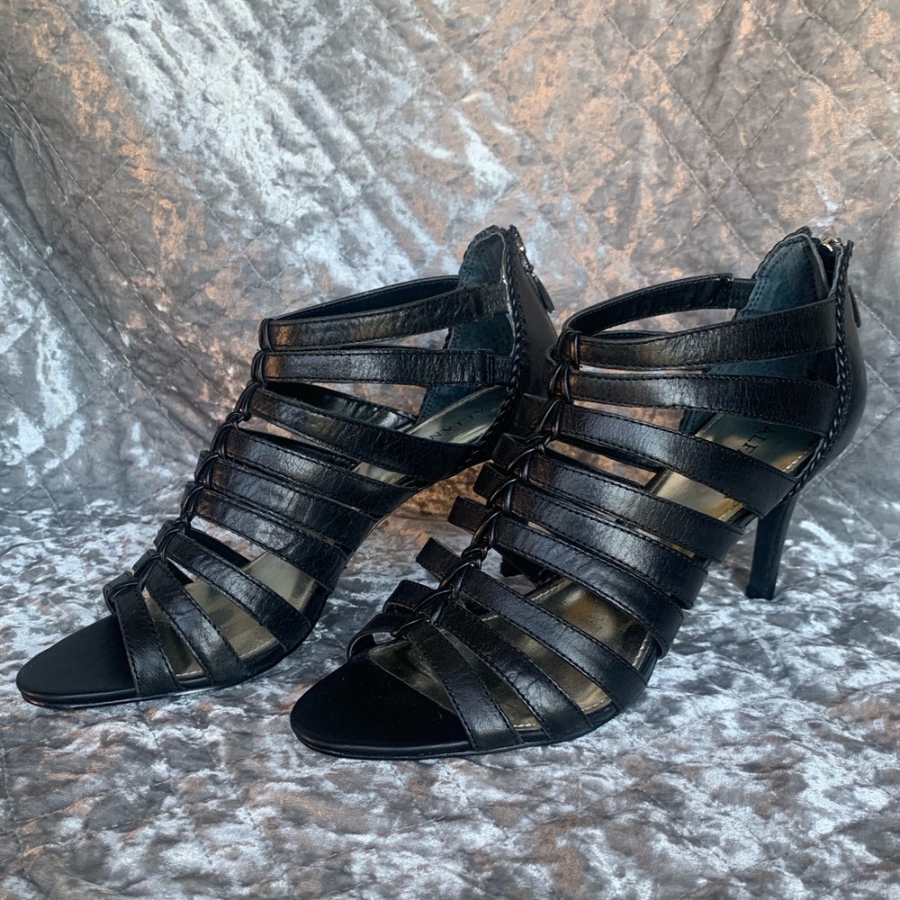 ALFANI BLACK LEATHER BIRDCAGE SANDALS SIZE 10M OPEN TOE STRAPPY CAGED